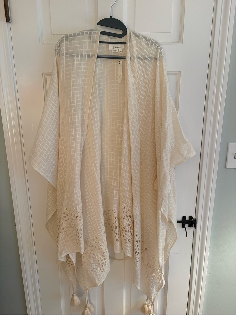 Anthropologie Cream Open-Front Kimono Shawl with Tassels